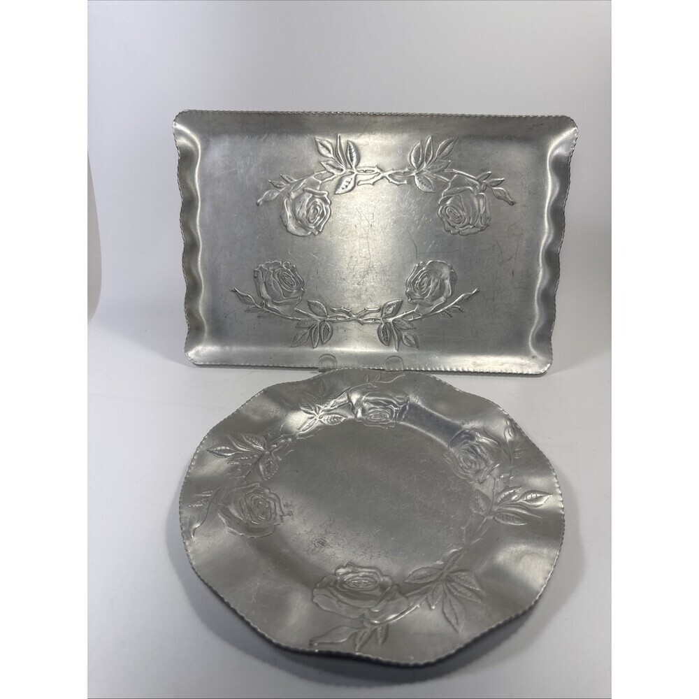 Vtg Serving Tray Aluminum 10”Round Dish 13” Rectangle 1950s Canada Made K3
